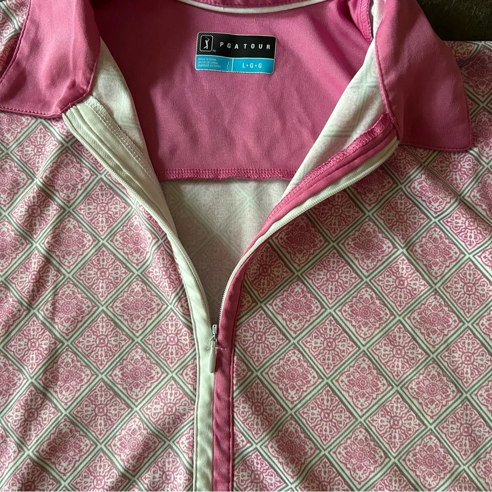 PGA Tour Women’s Zip Polo Shirt Golf Active Pink White Geometric Size‎ Large